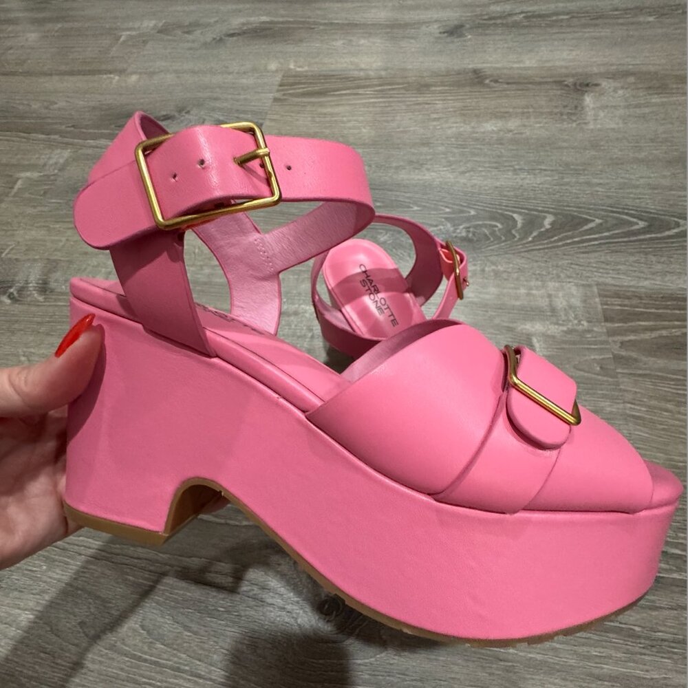 Charlotte Stone Pink Platform Sandals with Gold Buckles